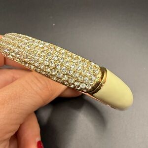 Vintage Gold Tone, Cream and Rhinestone Bangle Bracelet